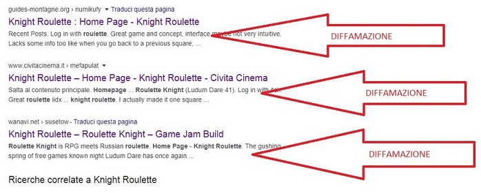 Knight Roulette diffamazione nel motore di ricerca Google.