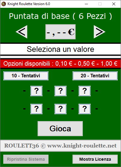 Interfaccia del software Knight Roulette.